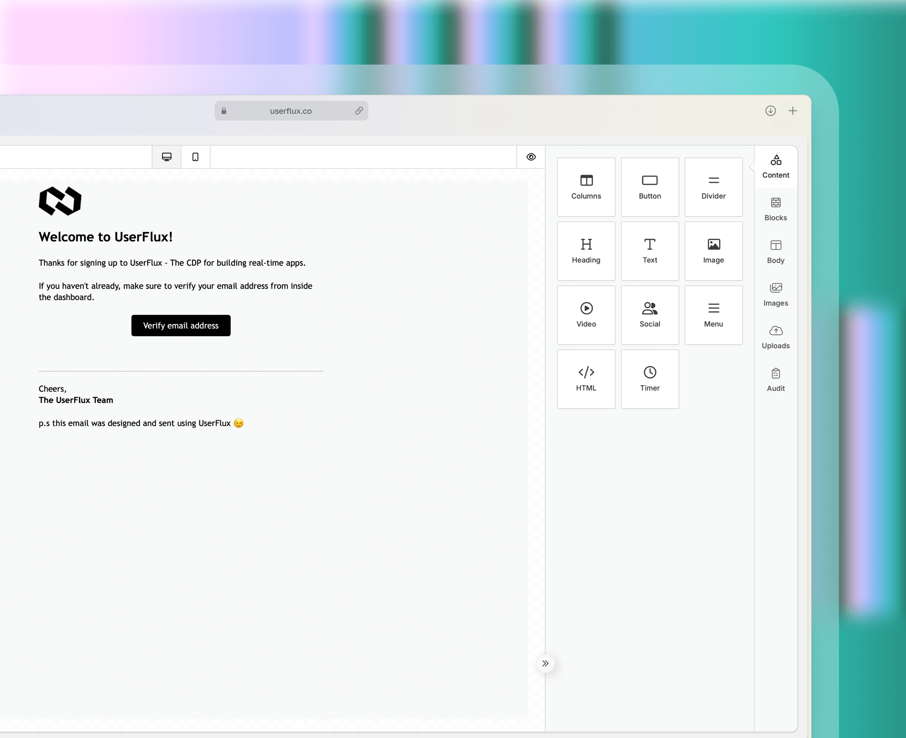 Email designer showing email content and campaigns